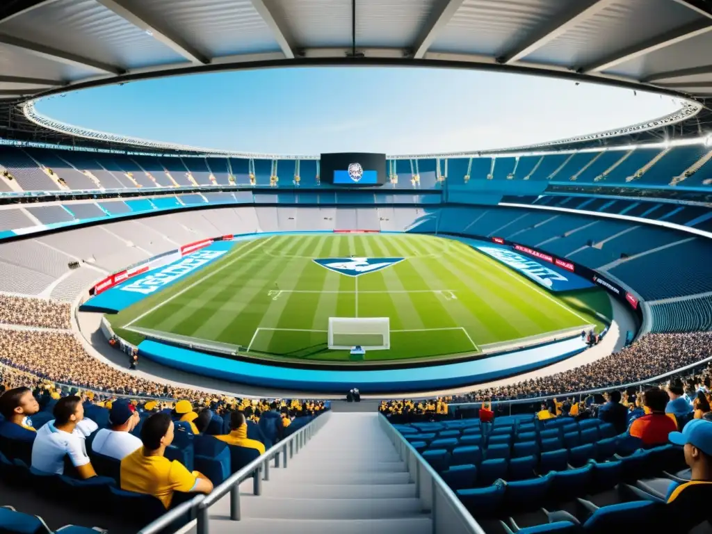 Estadio lleno de fans animados, con vallas publicitarias de diferentes industrias