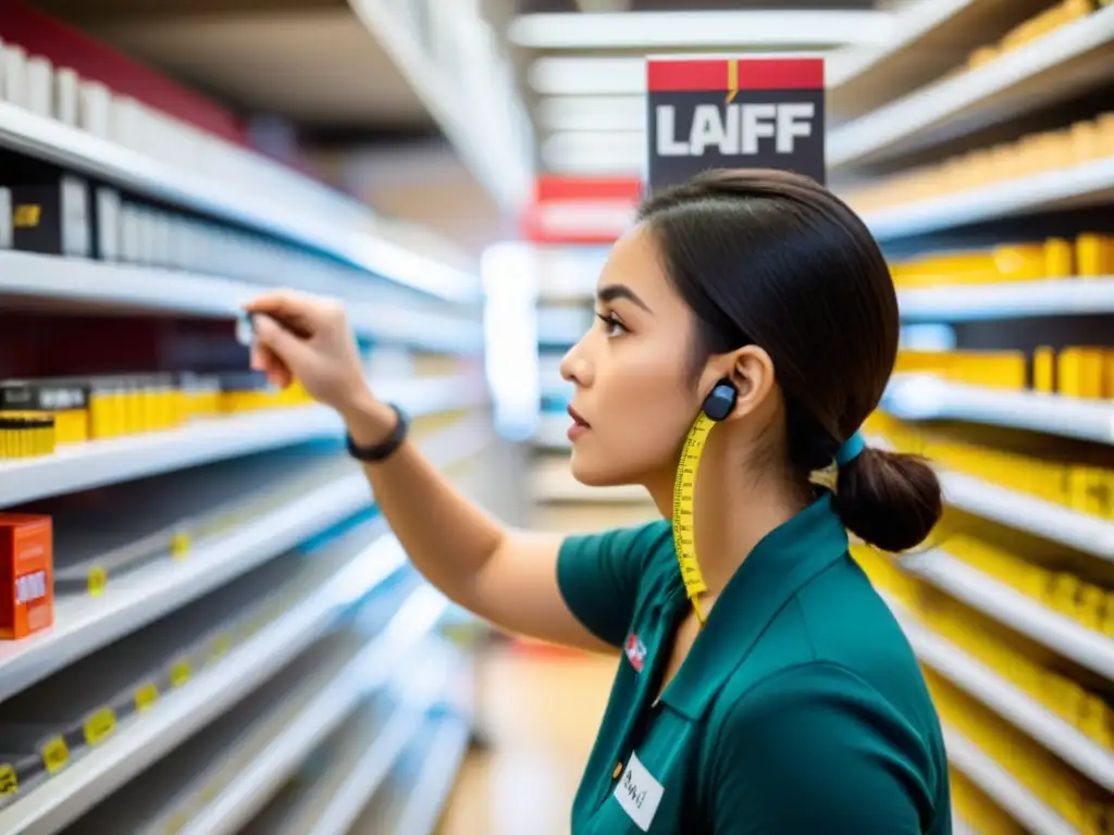 Experto midiendo dimensiones de productos en tienda Un experto mide con precisión productos en estanterías de una tienda, evocando la medición del ROI en merchandising para una ONG