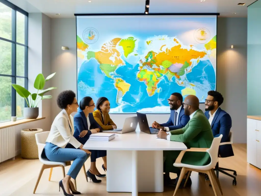 Reunión global de colaboración y determinación en una sala iluminada naturalmente, con mapas del mundo en las paredes