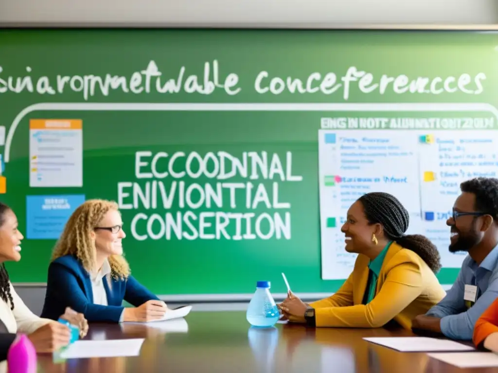Conferencia Ecológica: Planificación Apasionada Un grupo de activistas ambientales de ONGs se reúnen en una sala iluminada por el sol para organizar conferencias ecoconscientes
