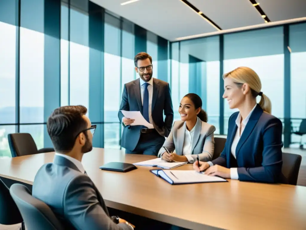Un grupo de asesores financieros y contadores discuten regulaciones fiscales para fundaciones en una oficina moderna y bien iluminada