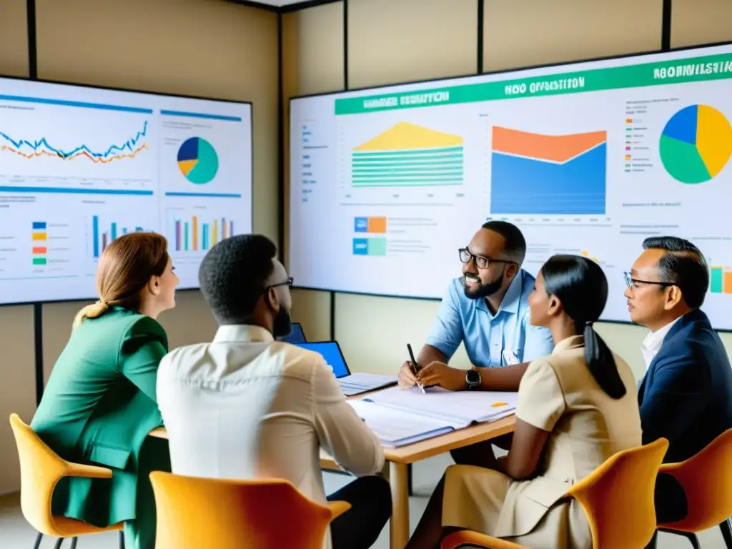 Reunión estratégica de consultores y ONG: Impacto positivo Un grupo de consultores y miembros de una ONG colaborando en estrategias y revisando documentos