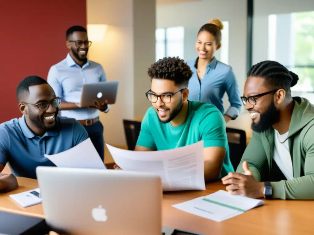 Desarrolladores y ONGs unidos en colaboración Un grupo de desarrolladores de software colaborando con miembros de una organización sin fines de lucro, inmersos en una animada discusión