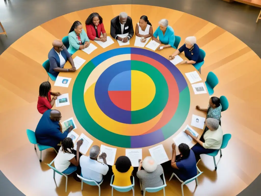 Grupo diverso crea arte colaborativo que refleja eventos históricos y valores de unidad, en un ambiente de respeto y propósito compartido