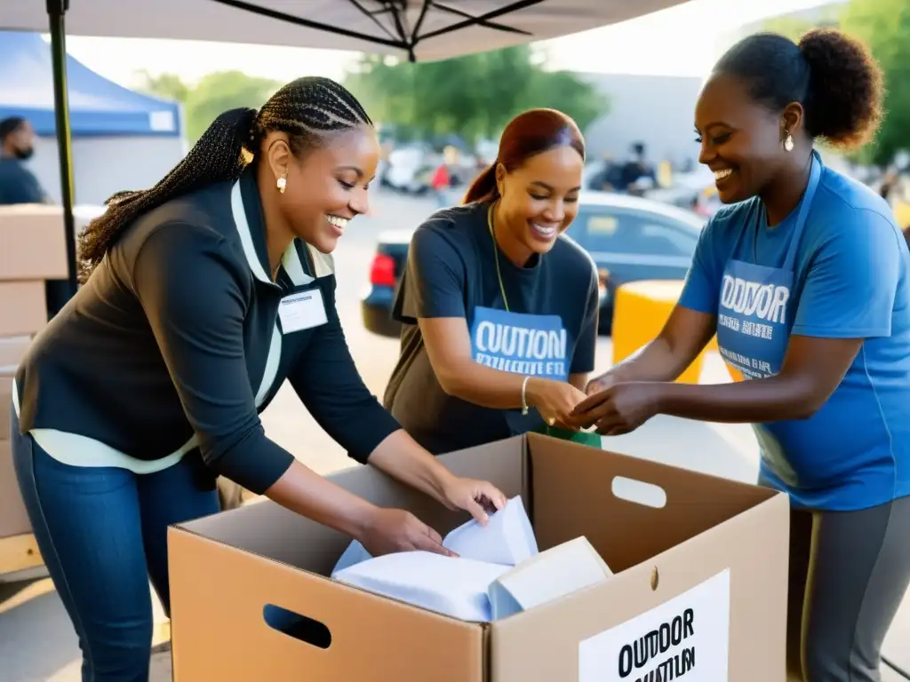 Solidaridad urbana: colaboración en centro de donaciones Un grupo diverso colabora en un centro de donaciones al aire libre en la ciudad, mostrando estrategias de recaudación de fondos en tiempos de crisis