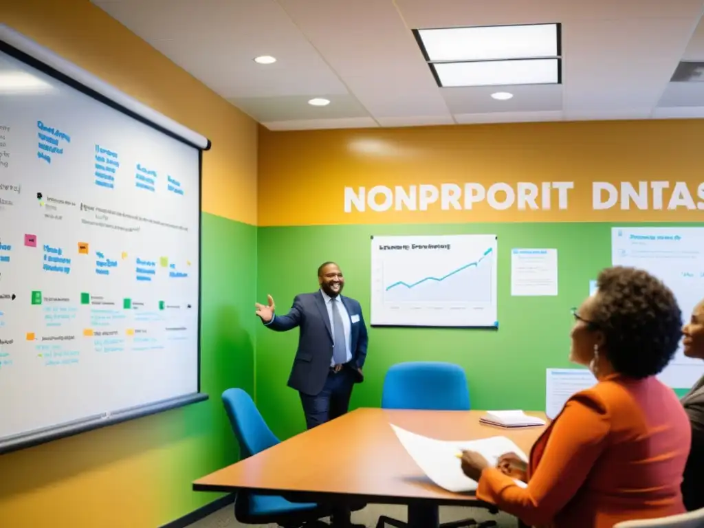 Un grupo diverso de individuos se reúne en una sala iluminada, discutiendo estrategias de financiación para ONGs