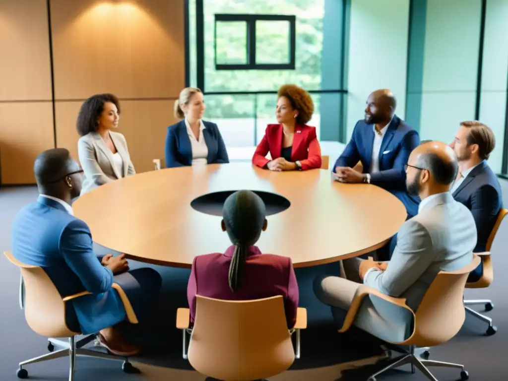 Círculo de mediación intercultural en fundación Grupo diverso en mediación intercultural en fundaciones, cooperando con respeto y apertura en una sala cálida y acogedora