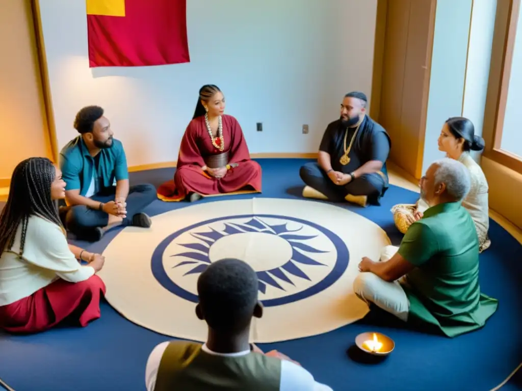 Mediación intercultural: diversidad cultural en armonía Grupo diverso en mediación intercultural en fundaciones, con vestimentas y símbolos culturales, expresando tensión, entendimiento y esperanza