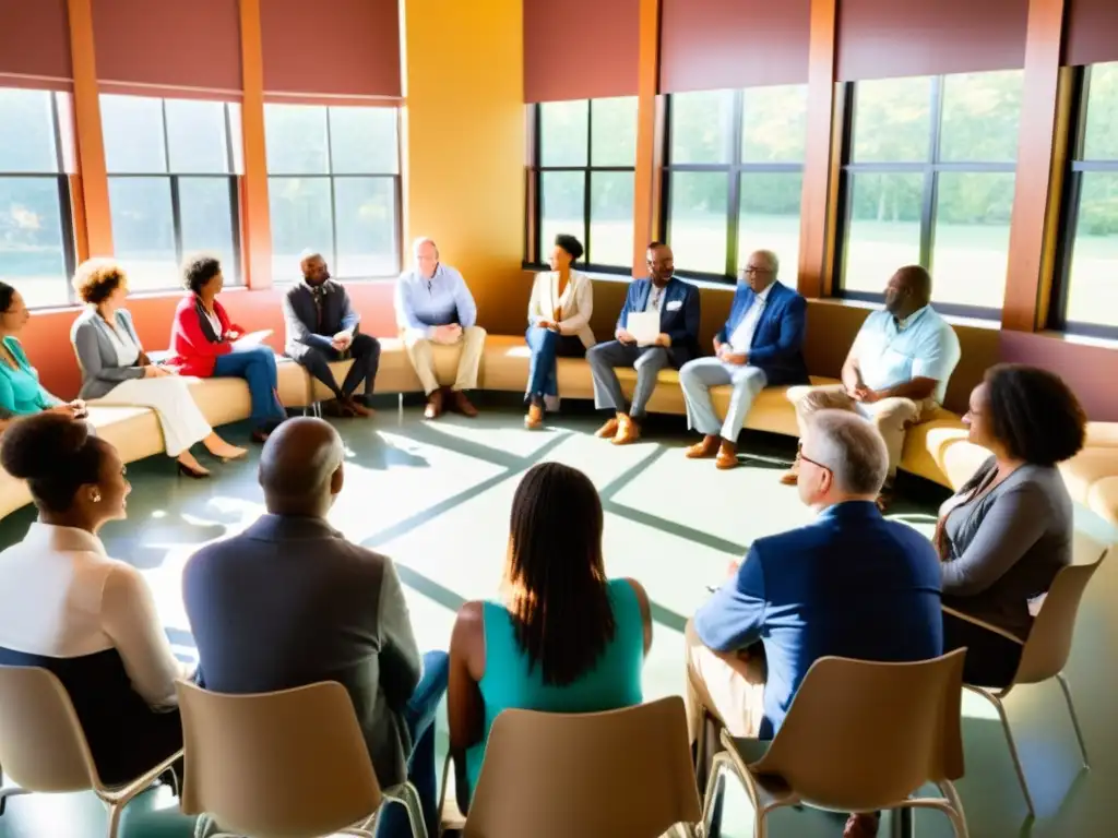 Un grupo diverso de personas se reúne en un centro comunitario, discutiendo estrategias de financiación para ONGs