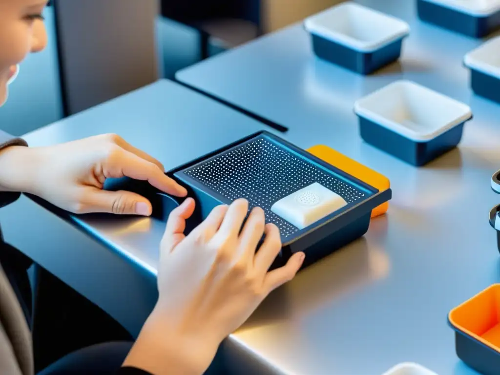 Un grupo diverso de personas con discapacidades usa empaques accesibles para productos de fundaciones, mostrando independencia y empoderamiento