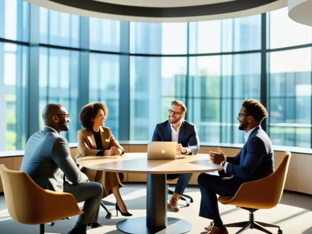 Profesionales colaborando en un entorno moderno y abierto Un grupo diverso de profesionales en una discusión colaborativa en una oficina moderna