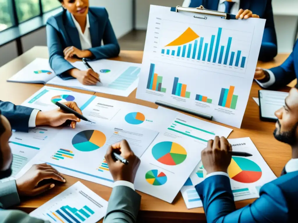 Un grupo diverso de profesionales se reúne en torno a una mesa para discutir la sostenibilidad financiera para ONG
