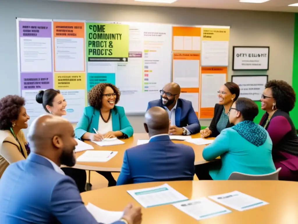 Un grupo diverso discute animadamente proyectos comunitarios en un centro vibrante, reflejando la importancia de las fuentes de financiación para ONGs