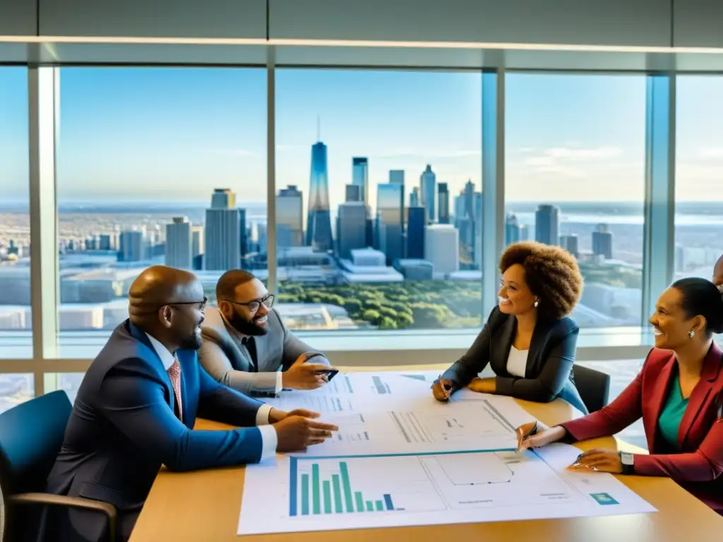 Un grupo diverso colabora en proyectos sociales con impacto de redes 5G, rodeados de planos técnicos y la ciudad a través de la ventana