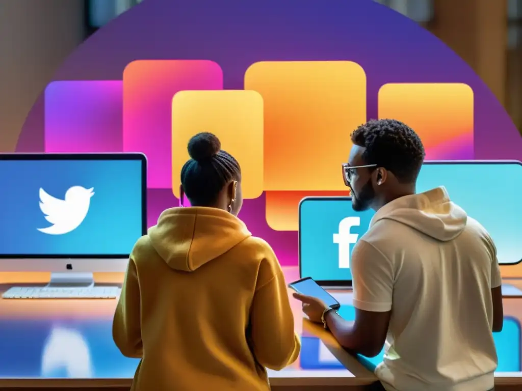 Grupo diverso utilizando smartphones y laptops, participando en redes sociales