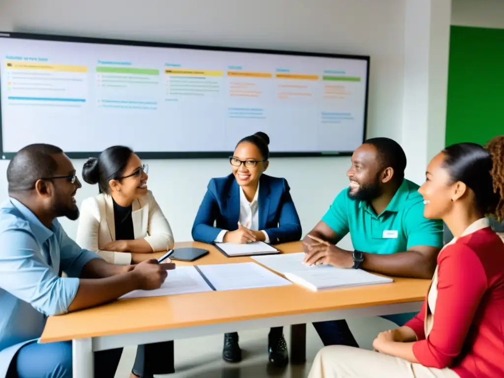 Debate apasionado: Opciones de software para ONG Grupo diverso de trabajadores de ONG debatiendo apasionadamente sobre software a medida para ONG en una sala cálida y acogedora