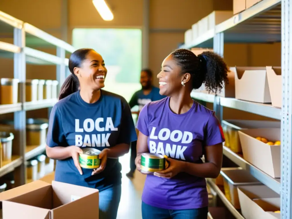 Un grupo diverso de voluntarios en una fundación, organizando donaciones en un banco de alimentos