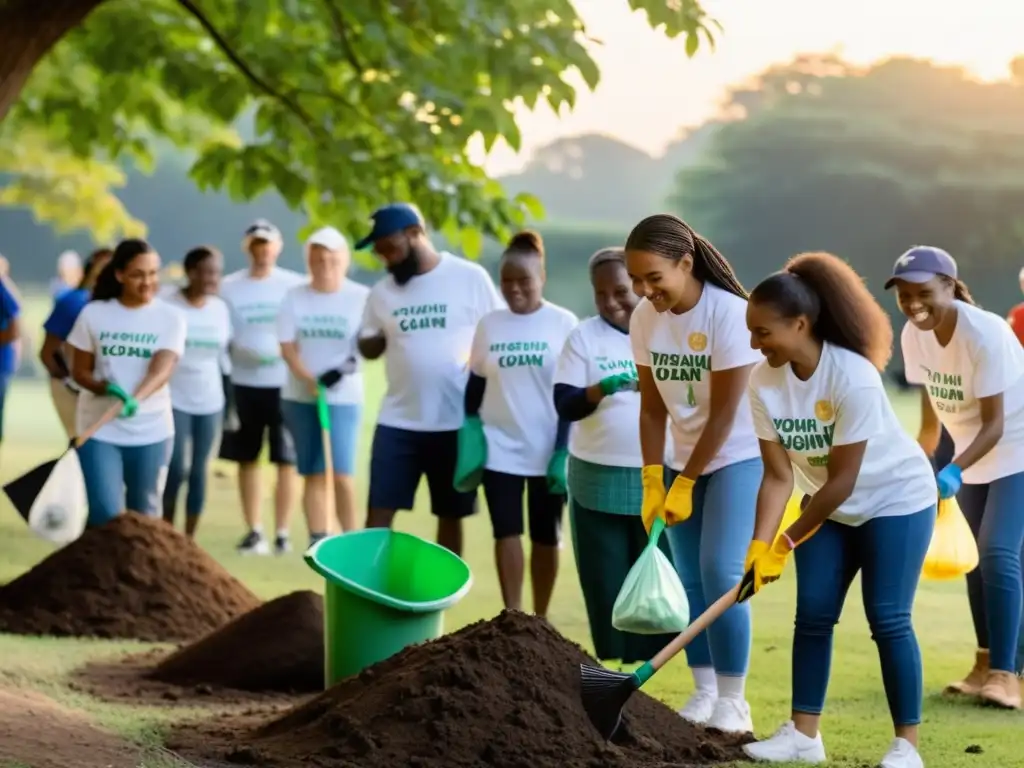 Grupo diverso de voluntarios trabajando juntos para limpiar un parque local al atardecer, demostrando la importancia del voluntariado en asociaciones