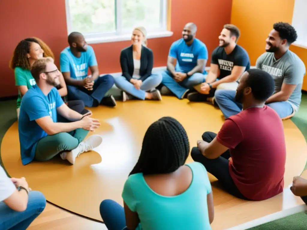 Grupo diverso de voluntarios y líder en comunicación asertiva en centro comunitario acogedor y luminoso