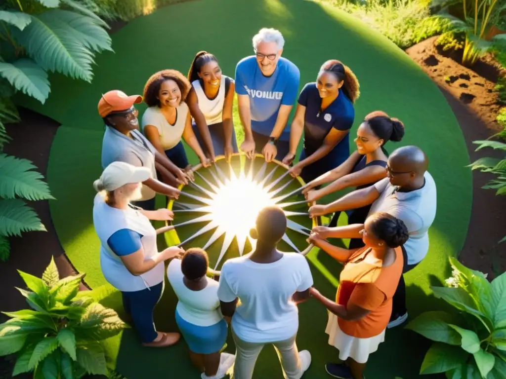 Grupo diverso de voluntarios fomentando liderazgo y unidad en asociaciones, rodeados de vegetación y sol radiante
