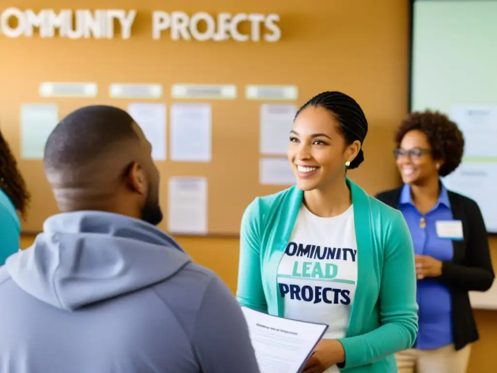 Grupo diverso de voluntarios liderando proyectos comunitarios en centro de asociaciones