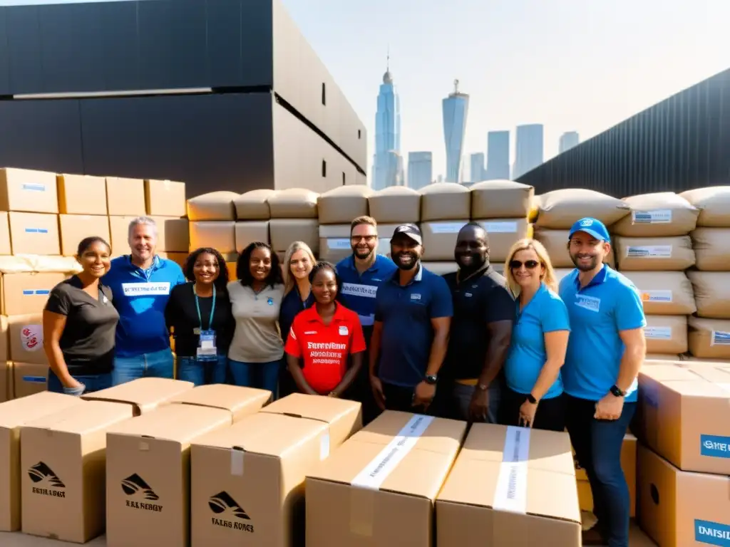 Resiliencia global: voluntarios unidos en acción Un grupo diverso de voluntarios y trabajadores de ayuda se prepara para abordar las necesidades de una comunidad en crisis en una ciudad bulliciosa