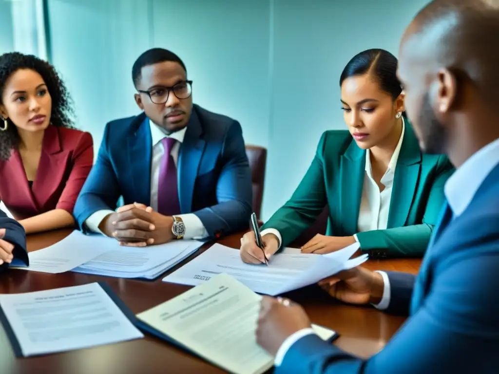 Revisión detallada de estatutos: Profesionalismo y compromiso Un grupo de personas discute los derechos y responsabilidades de una fundación, revisando documentos