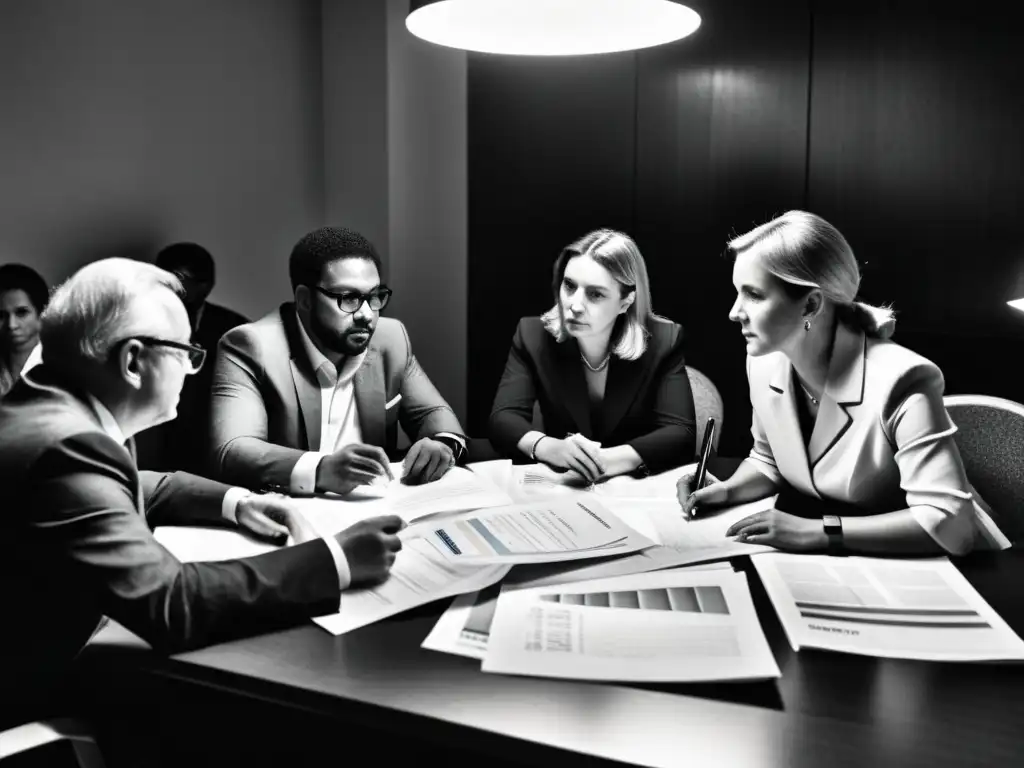 Estrategias de Fundraising: Intensidad y Resiliencia Grupo reunido alrededor de mesa, discutiendo estrategias de recaudación de fondos en tiempos de crisis, con expresión de determinación en sus rostros