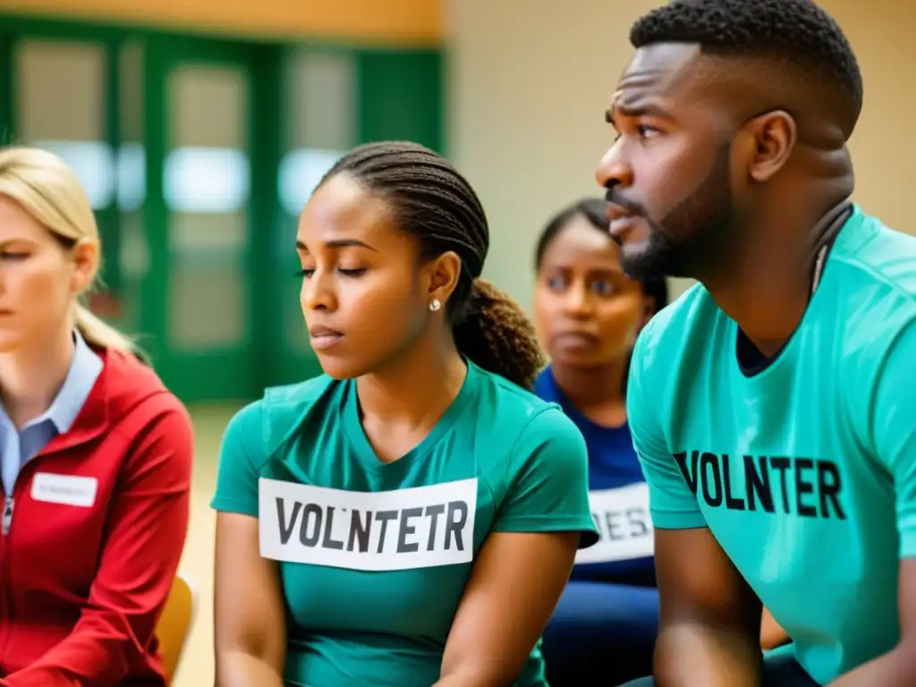 Un grupo de voluntarios agotados recibiendo apoyo de un consejero