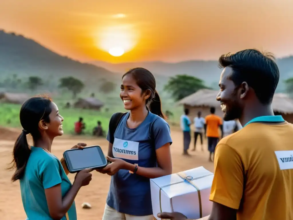Entrega de ayuda con impacto digital en aldea remota al atardecer Un grupo de voluntarios de una ONG distribuye ayuda en un pueblo remoto al atardecer, integrando transacciones benéficas con monedas digitales