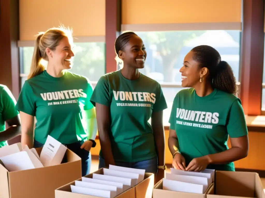 Un grupo de voluntarios con camisetas a juego colaboran y planean estrategias para fundaciones, rodeados de cajas de donaciones y folletos informativos