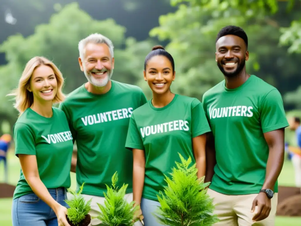 Un grupo de voluntarios con camisetas a juego plantando árboles en un parque