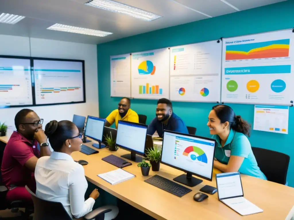 Un grupo de voluntarios dedicados colaborando en una oficina bulliciosa, con infografías coloridas en las paredes y discusiones apasionadas
