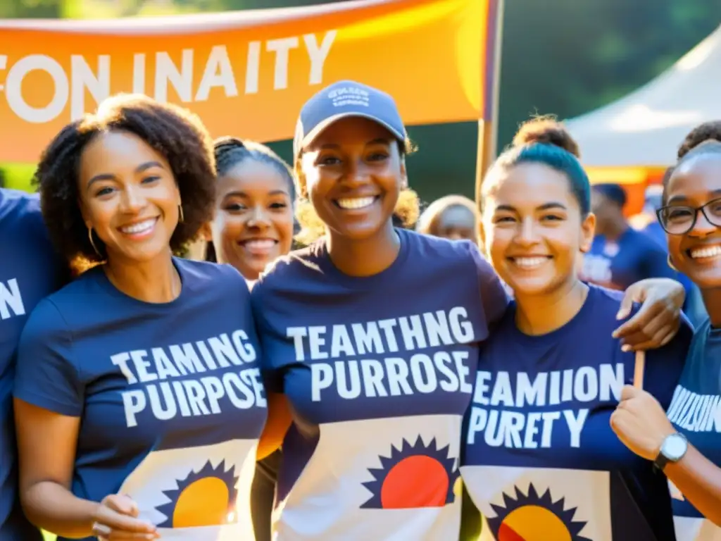 Un grupo de voluntarios diversos en camisetas a juego, colaborando en actividades al aire libre para fortalecer la unión