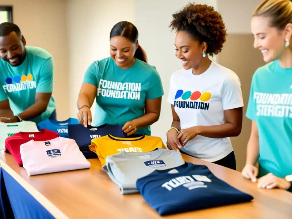Un grupo de voluntarios y miembros del personal de la fundación personalizan merchandising con el logo y mensajes de apoyo
