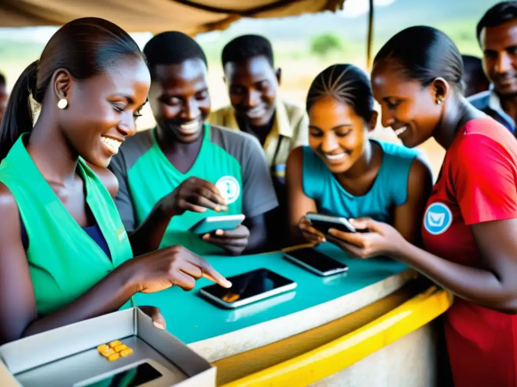 Transacciones humanitarias digitales: Ayuda eficiente en acción Un grupo de voluntarios realiza transacciones benéficas con monedas digitales en un país en desarrollo, mostrando esperanza y progreso