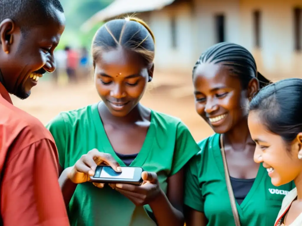 Transacciones caritativas con criptomonedas en país en desarrollo Un grupo de voluntarios realiza transacciones benéficas con monedas digitales en un país en desarrollo, transmitiendo esperanza y progreso