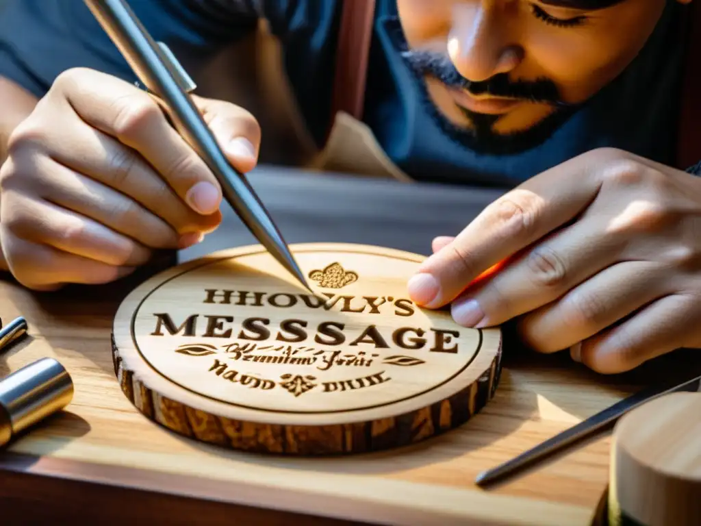 Un hábil artesano graba cuidadosamente un mensaje personalizado en una placa de madera, rodeado de herramientas y materiales