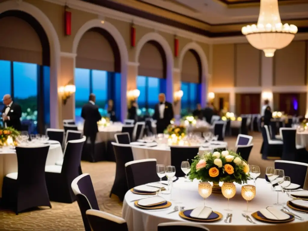 Gala benéfica: Elegancia y solidaridad en acción Una imagen de un elegante evento benéfico temático, con decoración hermosa y una atmósfera cálida