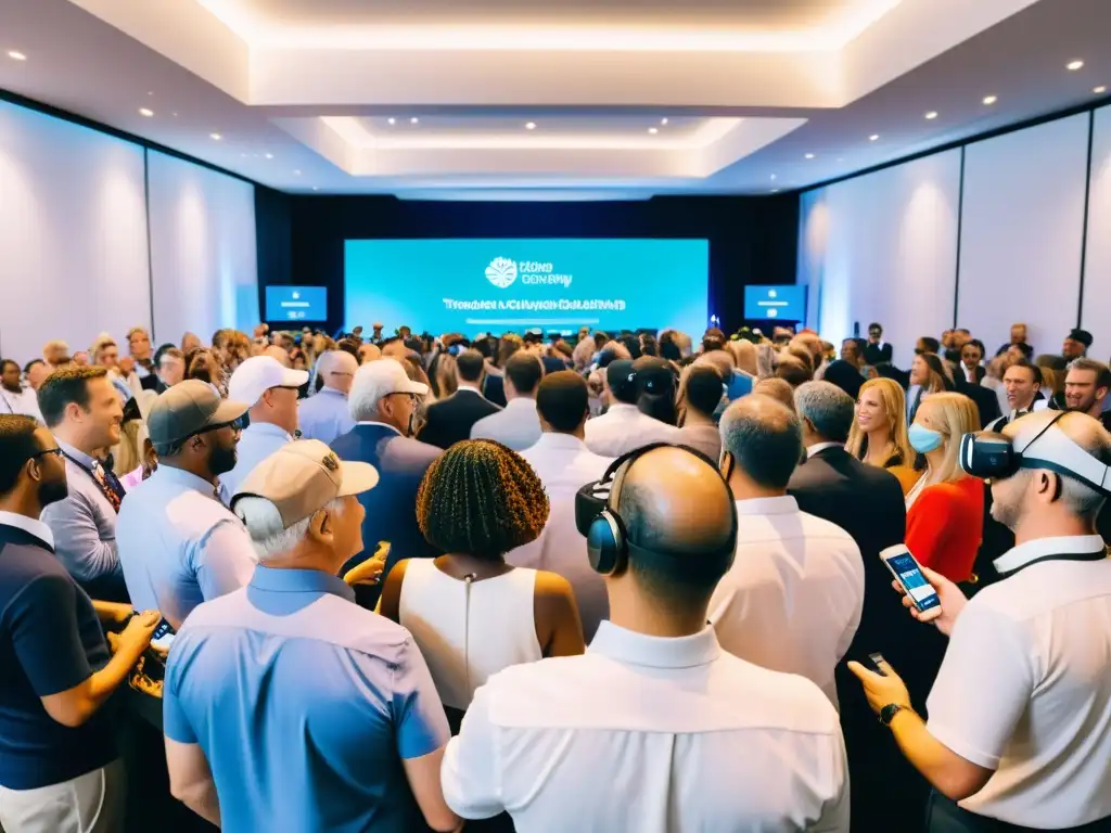 Una imagen de un evento benéfico con innovación tecnológica, donde la gente participa en actividades de recaudación de fondos