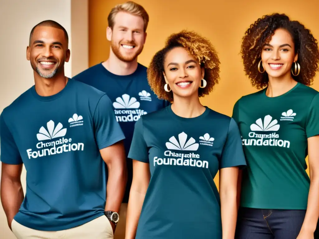 Imagen de alta resolución de individuos diversos usando merchandising personalizado con el logo de una fundación, en un evento comunitario