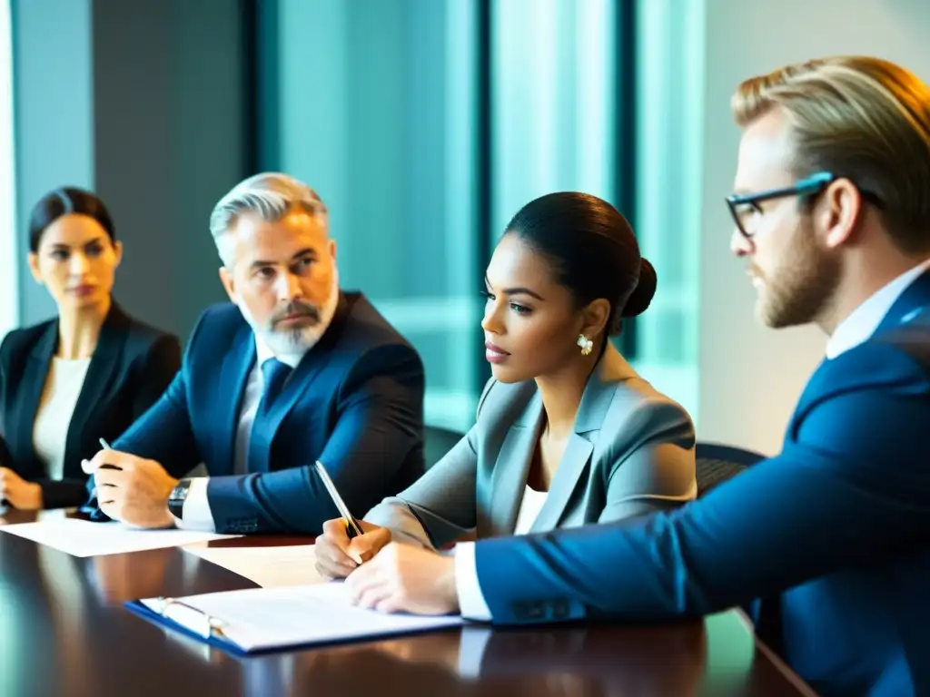 Importancia de estatutos y reglamentos internos: Profesionales en reunión corporativa, discutiendo y tomando notas en una sala bien iluminada