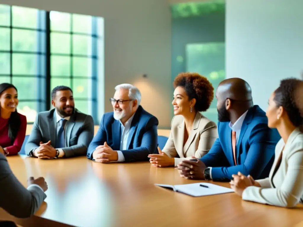 Importancia del liderazgo moral en asociaciones: Personas diversas colaboran en una atmósfera cálida y respetuosa en una reunión profesional