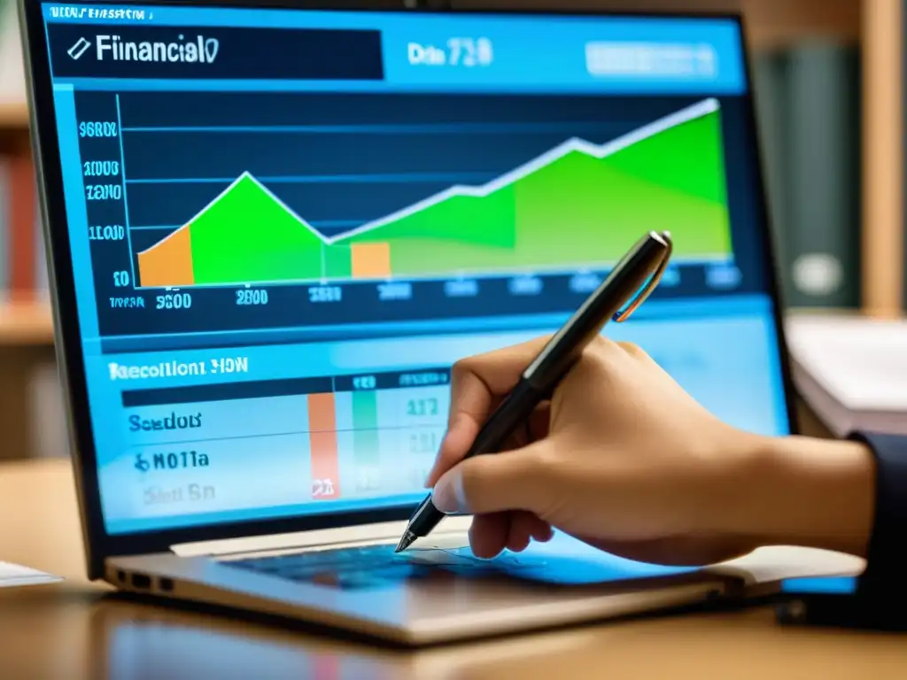 Análisis financiero detallado con transparencia y autoridad Mano señalando datos financieros en pantalla, oficina profesional con libros y archivos en fondo