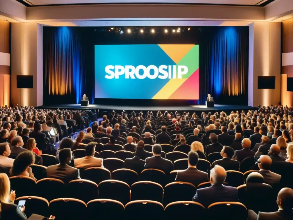 Multitud en auditorio de la industria del entretenimiento escuchando propuesta de patrocinio