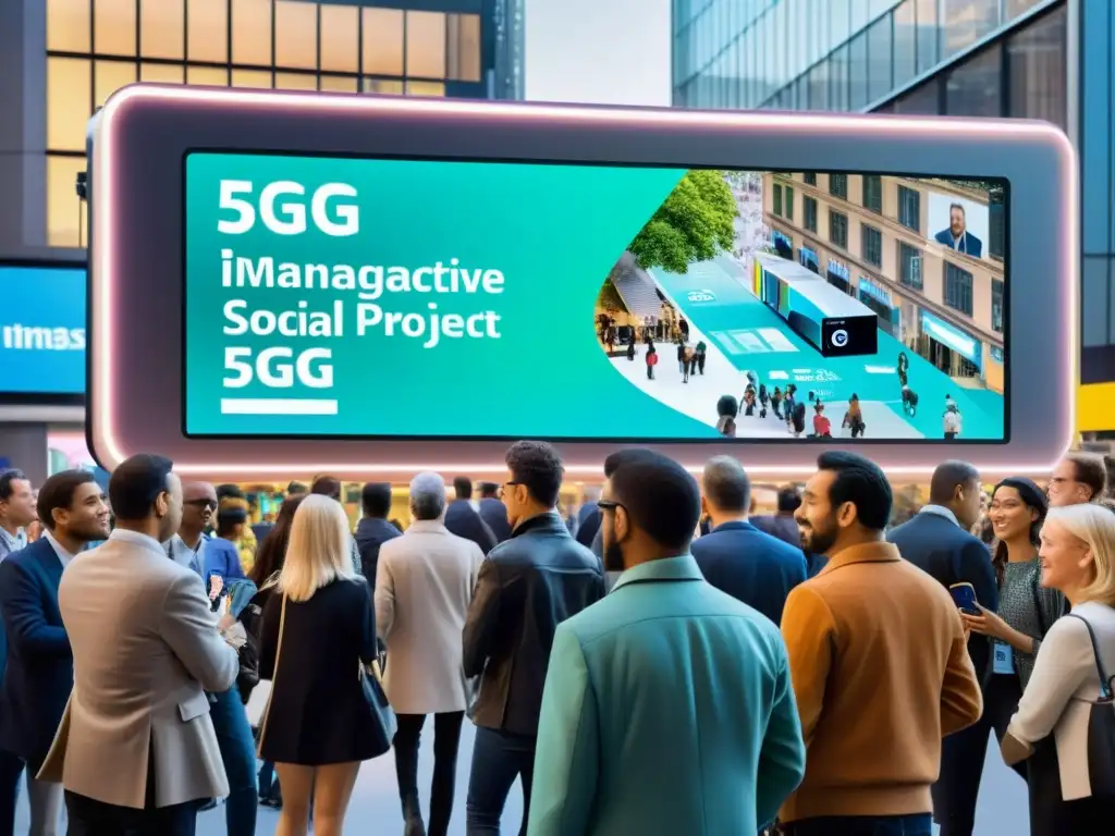 Multitud diversa frente a pantalla 5G, explorando proyectos sociales