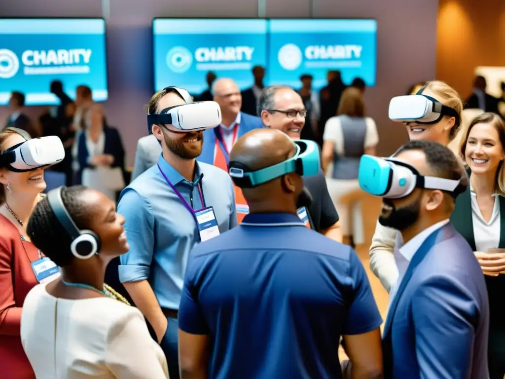 Multitud en evento benéfico interactúa con innovación en eventos benéficos, realidad virtual y donaciones interactivas