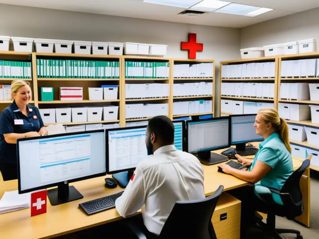 Oficina de la Cruz Roja con personal y voluntarios gestionando información de forma eficiente