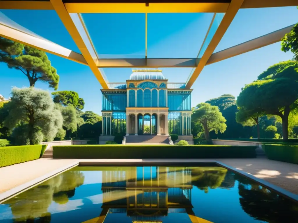 Esplendor del Palacio de Cristal en Madrid El Palacio de Cristal en Madrid, España, con su arquitectura de vidrio y exuberante entorno
