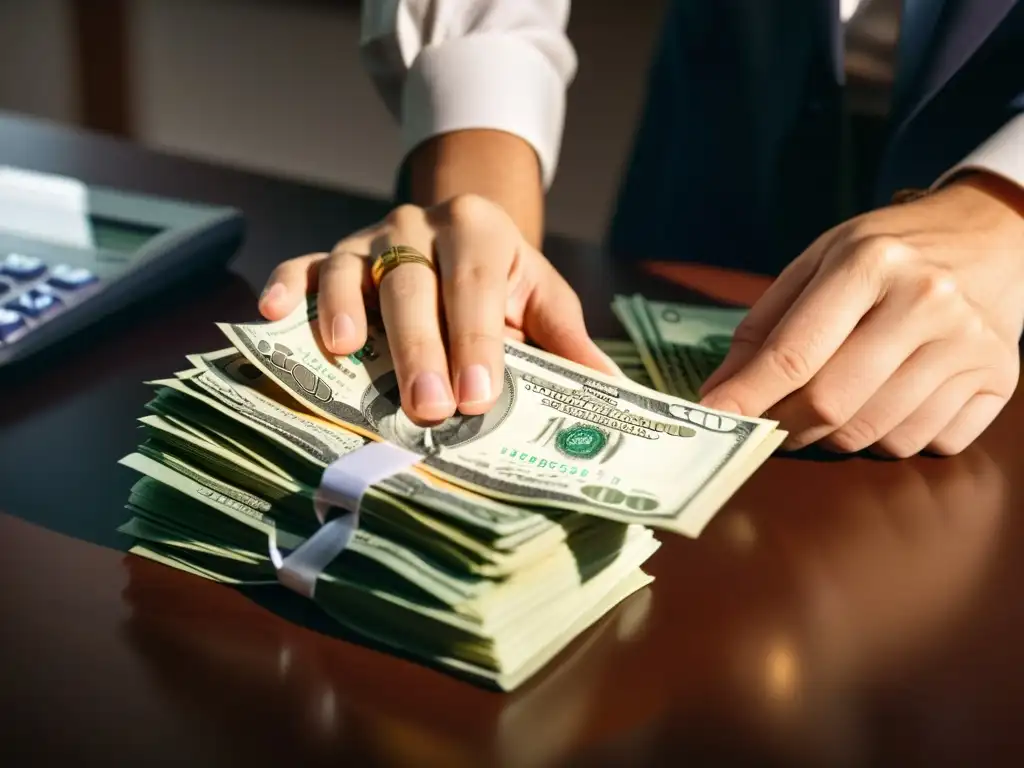 Manos contando dinero con determinación Persona contando dinero con determinación para construir fondo de emergencia asociaciones, rodeada de documentos financieros y calculadora